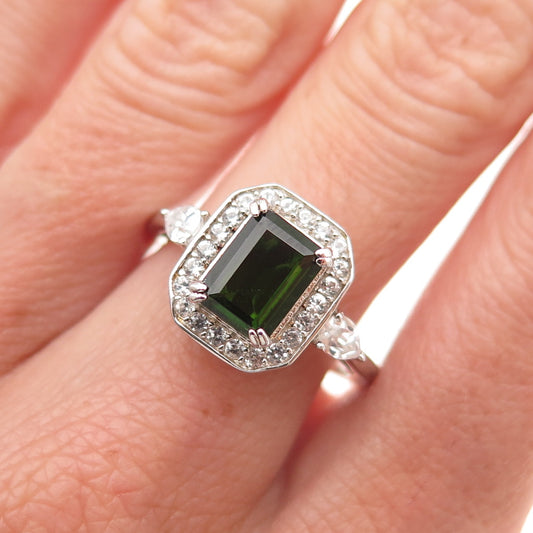 925 Sterling Silver Real Chrome Diopside & White Topaz Ring Size 8