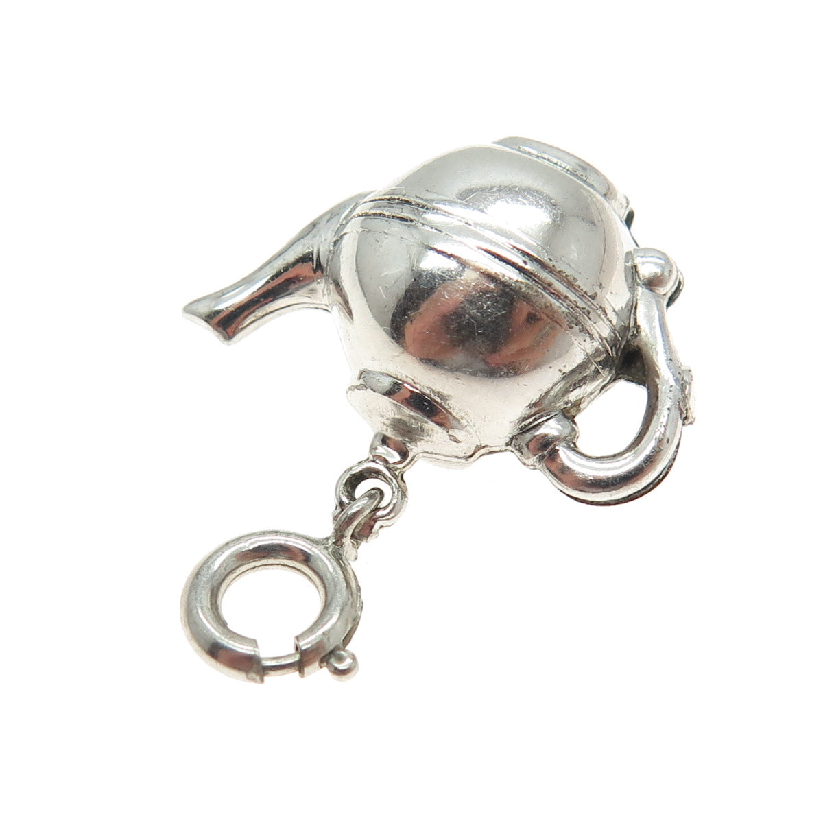 925 Sterling Silver Antique Art Deco Teapot Minimalist Spring Ring Charm Pendant