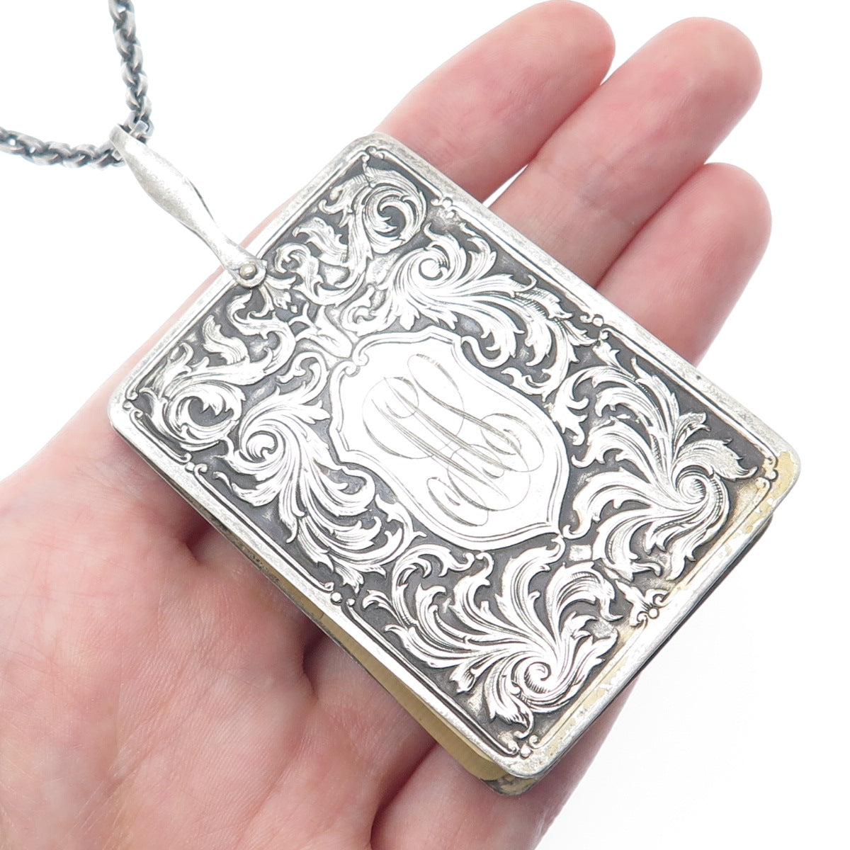 925 Sterling Silver Antique Engraved Notebook Chatelaine Oxidized Necklace 26"