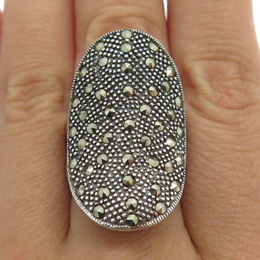 925 Sterling Silver Vintage Real Marcasite Modernist Granulated Ring Size 8