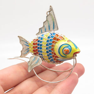 925 Sterling Silver Antique Enamel Articulated Chinese Koi Fish Chatelaine Fob