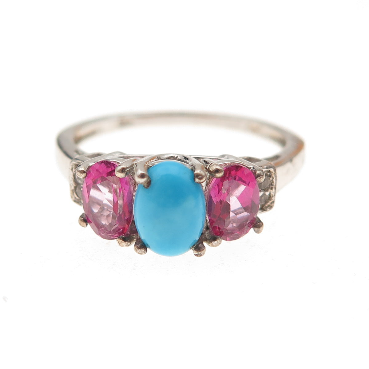Chuck Clemency 925 Sterling Silver Real Turquoise Pink & White Topaz Ring Size 8