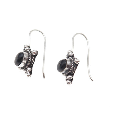 925 Sterling Silver Vintage Real Black Onyx Beaded Oxidized Earrings