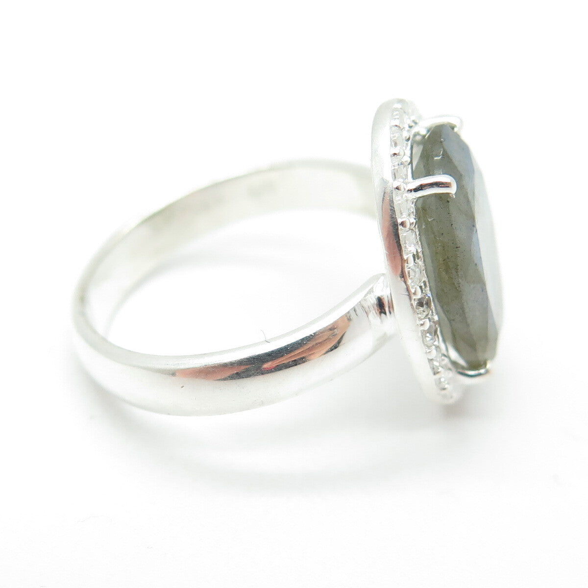 FRANK AHM 925 Sterling Silver Real Oval-Cut Labradorite & C Z Ring Size 7.75