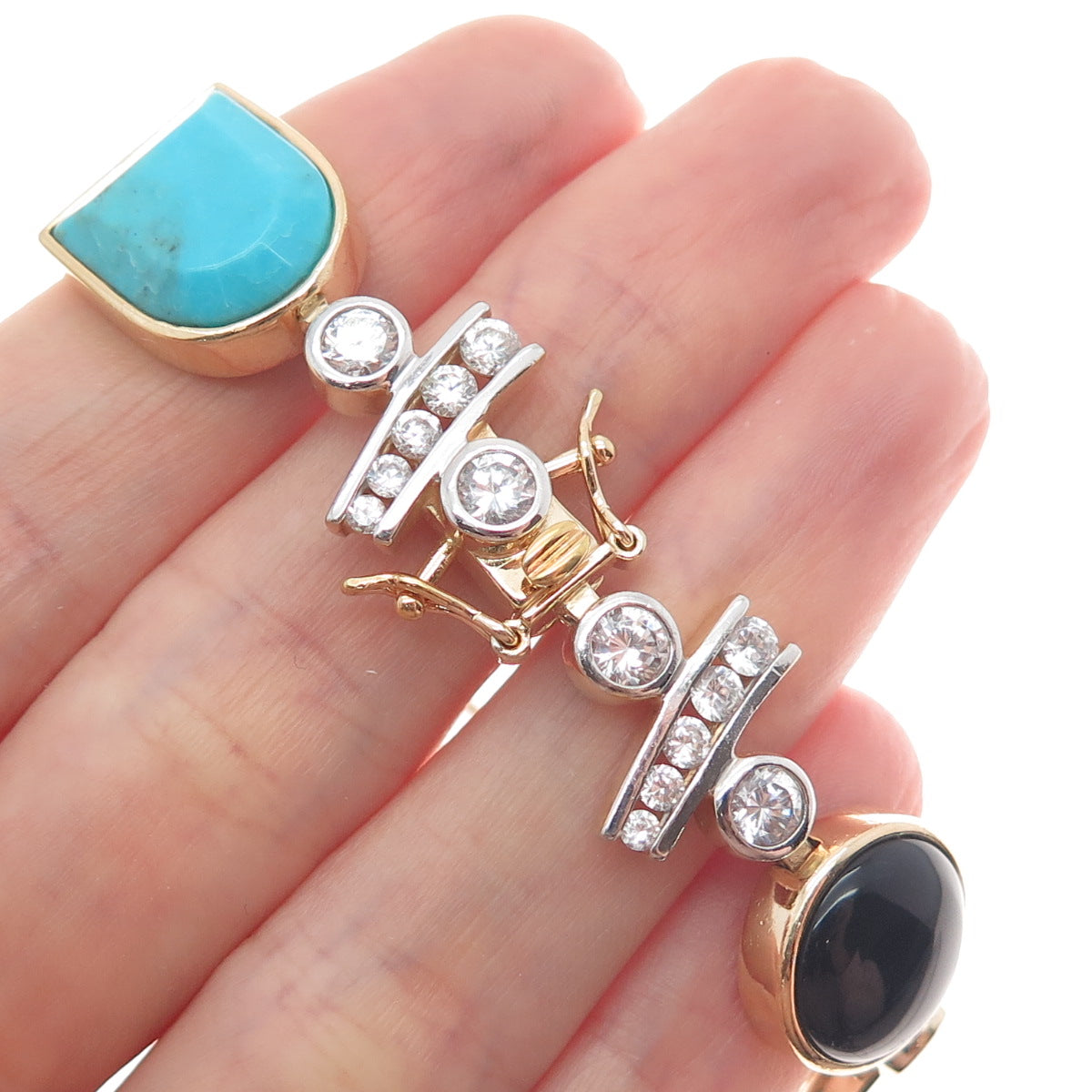 ROSS SIMONS 925 Sterling Silver 2-Tone Real Turquoise Onyx & C Z Bracelet 8"