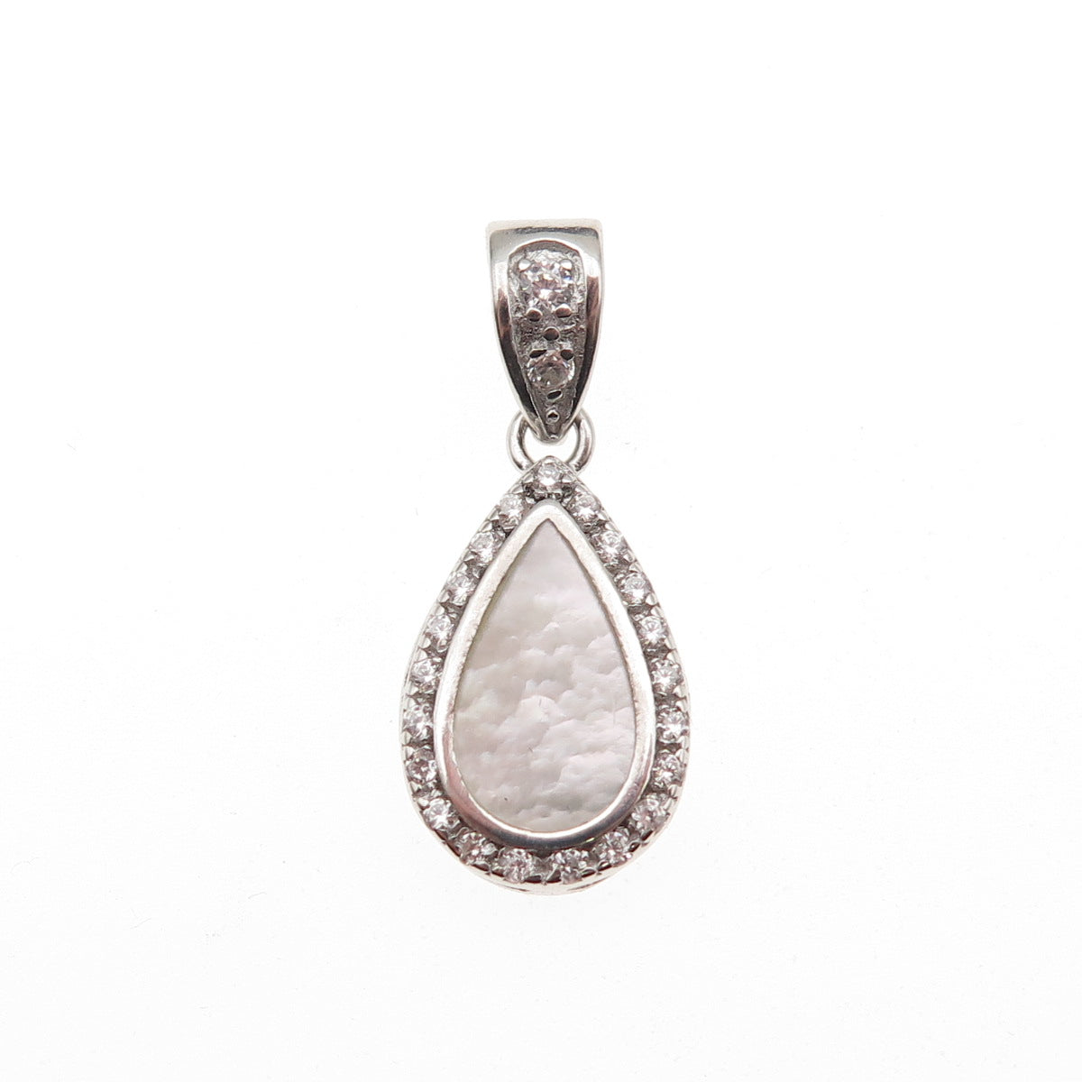 925 Sterling Silver Real MOP & C Z Teardrop Charm Pendant