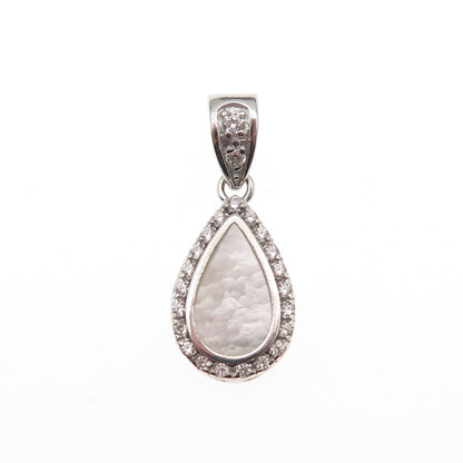 925 Sterling Silver Real MOP & C Z Teardrop Charm Pendant