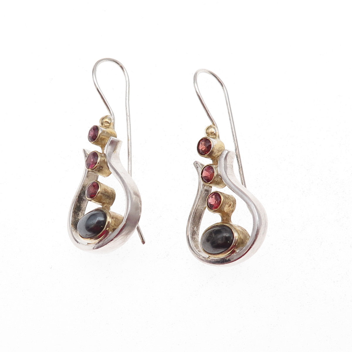 925 Sterling Silver 2-Tone Vintage Real Hematite & Red Garnet Modernist Earrings