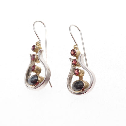925 Sterling Silver 2-Tone Vintage Real Hematite & Red Garnet Modernist Earrings
