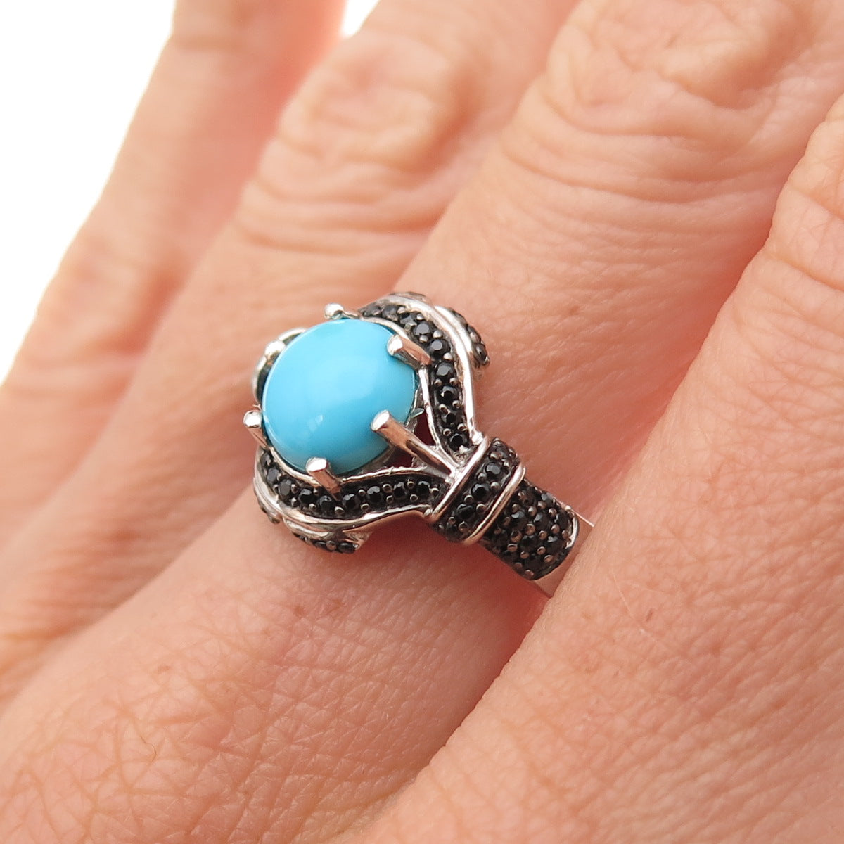 Chuck Clemency 925 Sterling Silver Real Turquoise & Black Spinel Ring Size 8