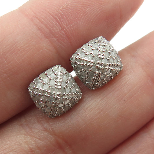 925 Sterling Silver Real Round-Cut Diamond Pyramid Stud Earrings