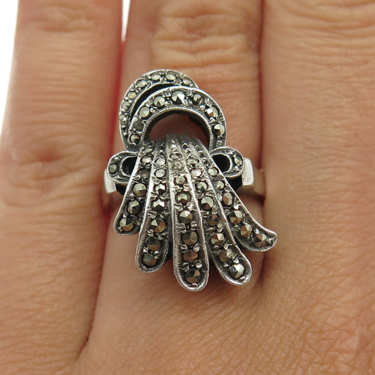 925 Sterling Silver Vintage Real Marcasite Modernist Ring Size 6.5