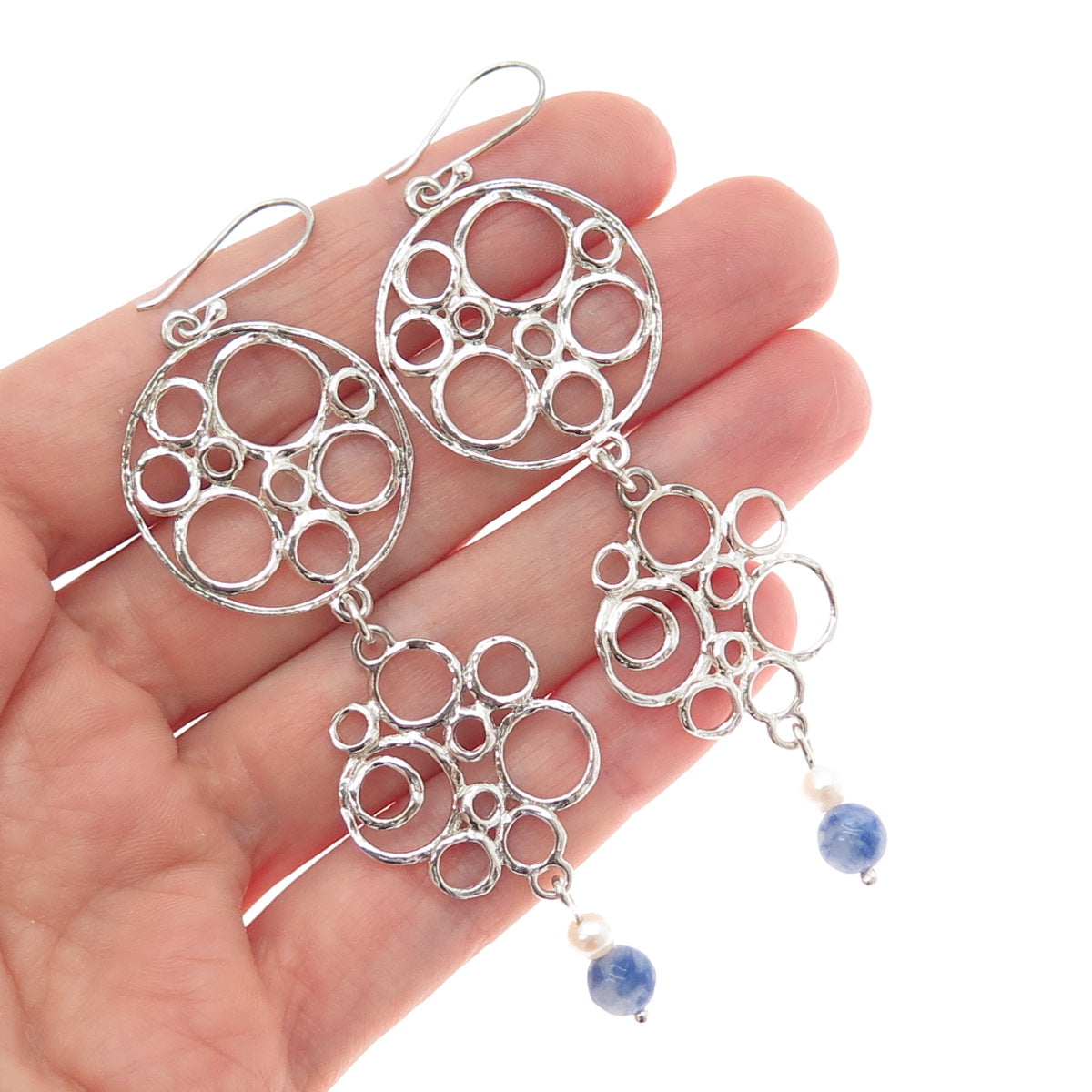 925 Sterling Silver Vintage Real Pearl Sodalite Modernist Circle Dangle Earrings