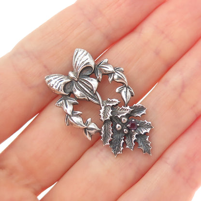 FRANKLIN MINT 925 Sterling Silver Vintage 1982 Real Ruby Holly Bow Slide Pendant