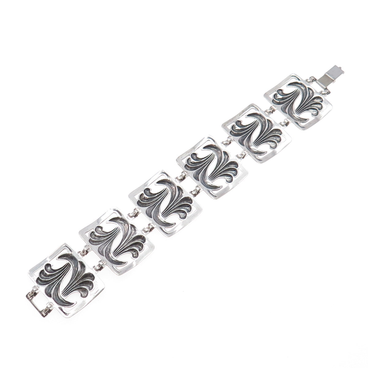 925 Sterling Silver Antique Art Deco Floral Panel Link Oxidized Bracelet 7"