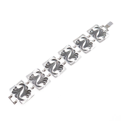 925 Sterling Silver Antique Art Deco Floral Panel Link Oxidized Bracelet 7"