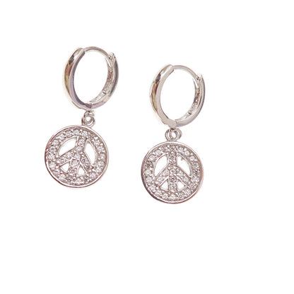 925 Sterling Silver Round-Cut C Z Peace Symbol Dangle Charm Hoop Earrings