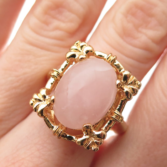 BADAVICI 925 Sterling Silver Gold Plated Real Rose Quartz Floral Ring Size 8