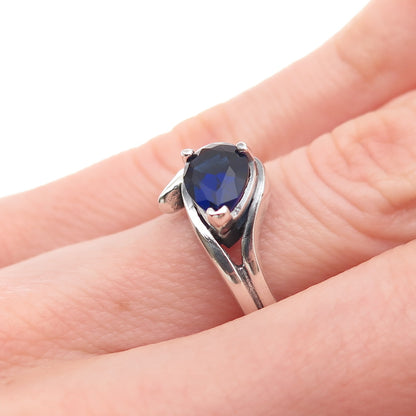 925 Sterling Silver Vintage Pear-Cut Blue C Z Modernist Oxidized Ring Size 6
