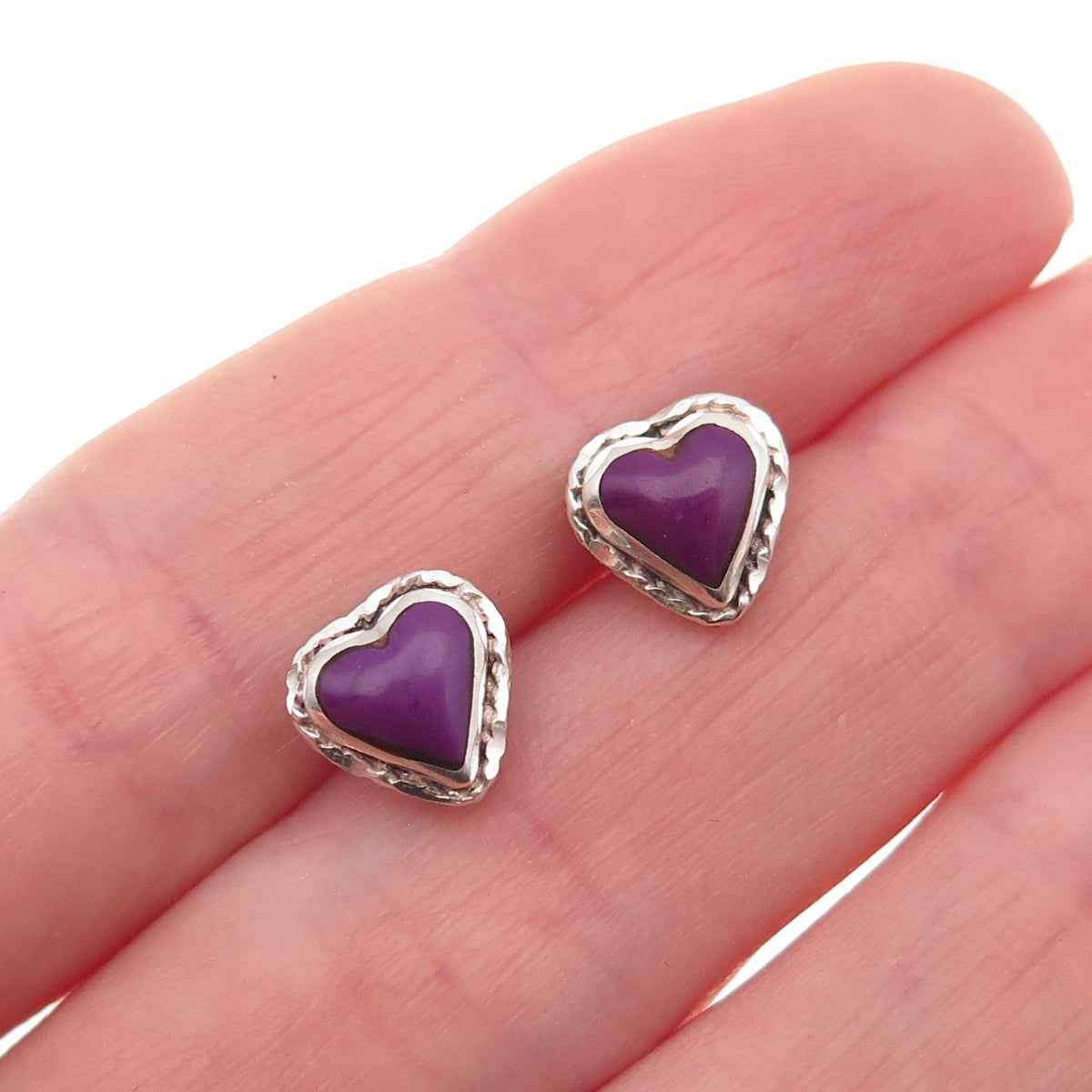 Old Pawn 925 Sterling Silver Vintage Southwestern Sugilite Heart Stud Earrings