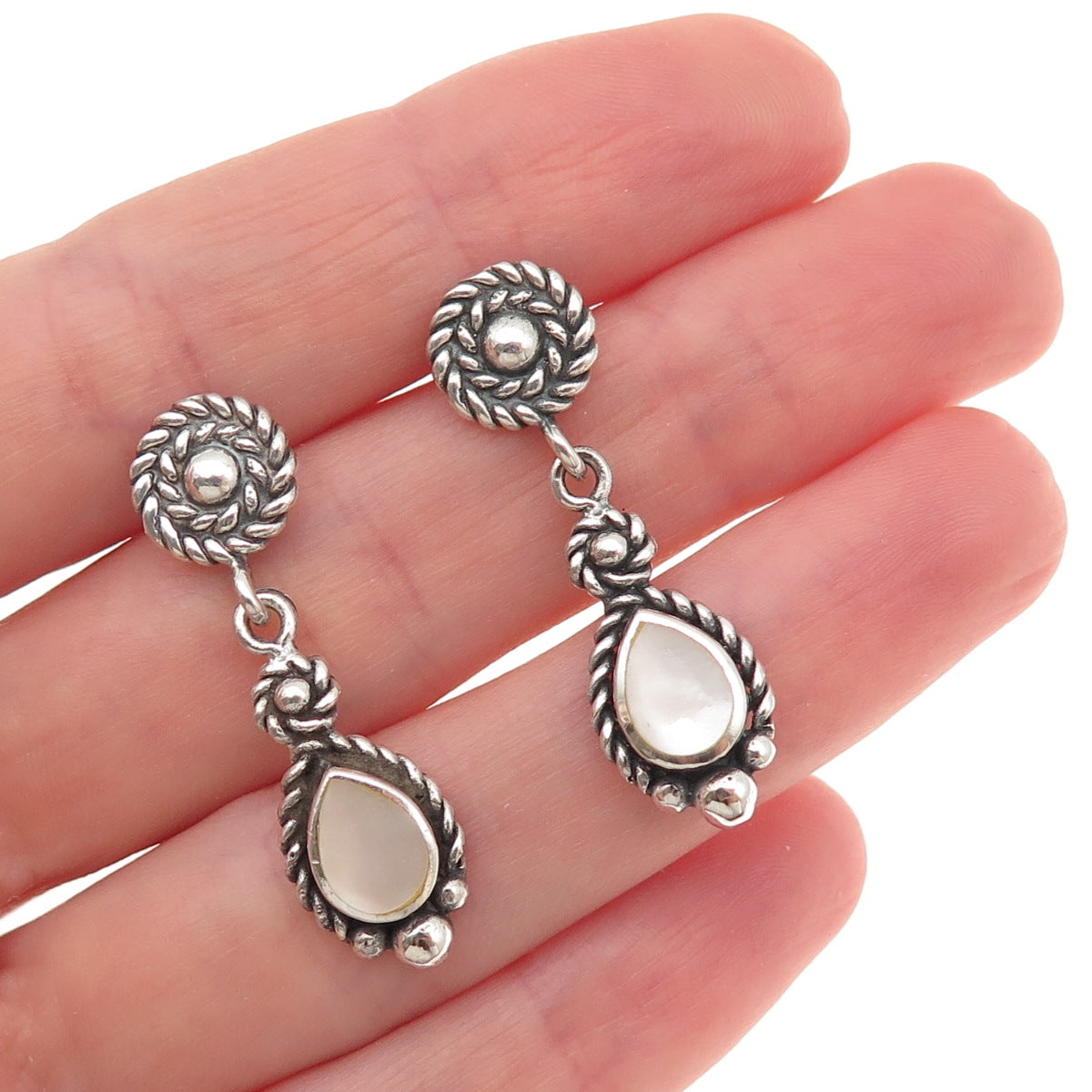 925 Sterling Silver Vintage Real MOP Teardrop Oxidized Dangle Earrings