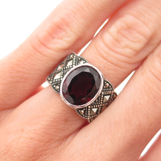 925 Sterling Silver Vintage Real Red Garnet & Marcasite Oxidized Ring Size 5.75