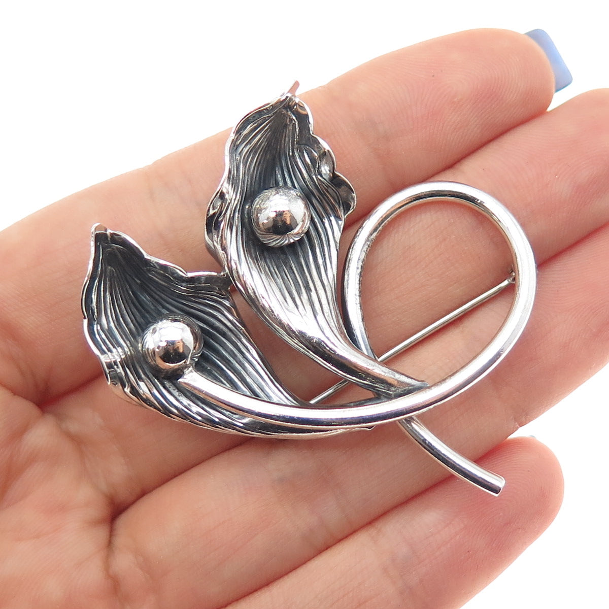 BEAU 925 Sterling Silver Vintage Modernist Calla Lily Oxidized Pin Brooch