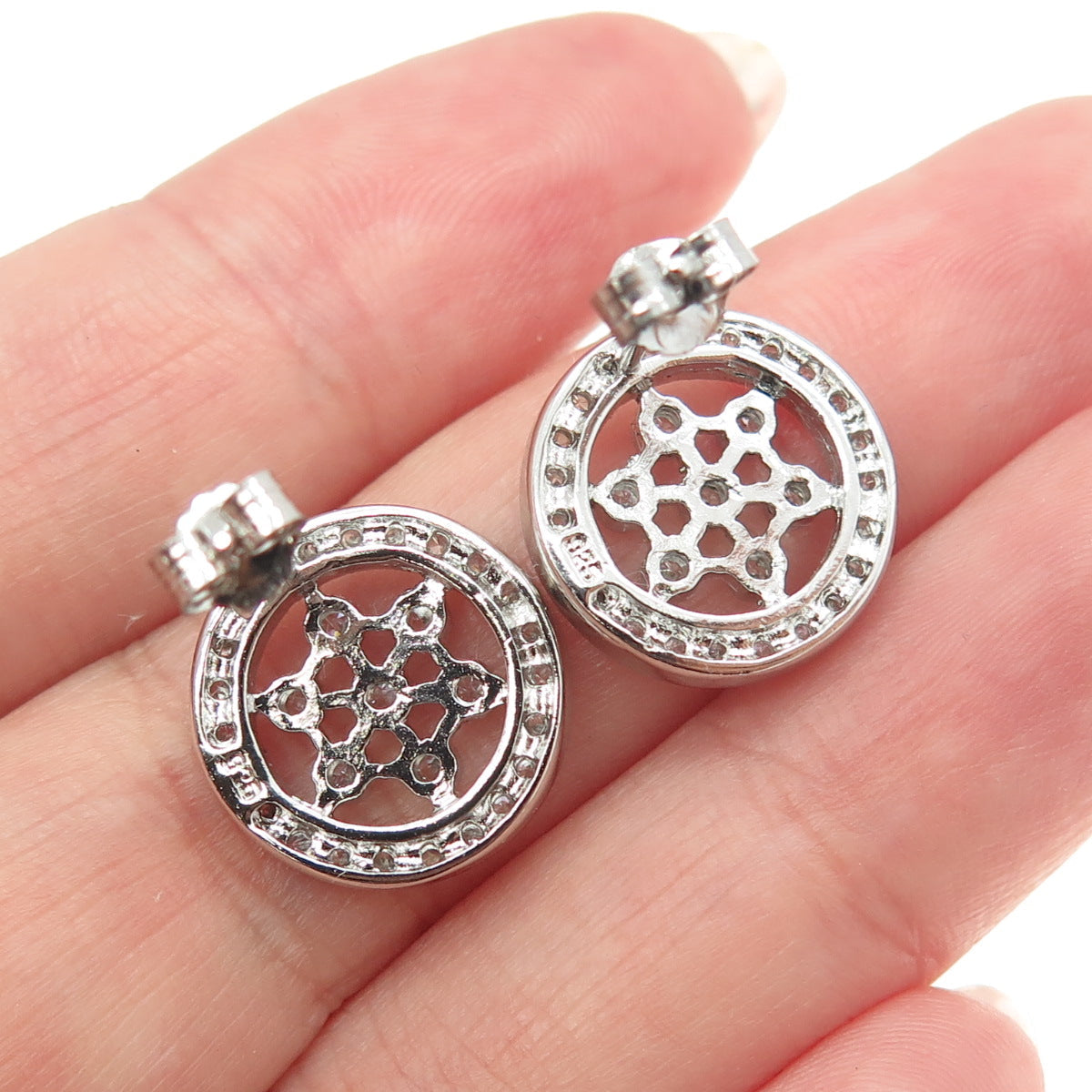 925 Sterling Silver Round-Cut C Z Floral Circle Stud Earrings