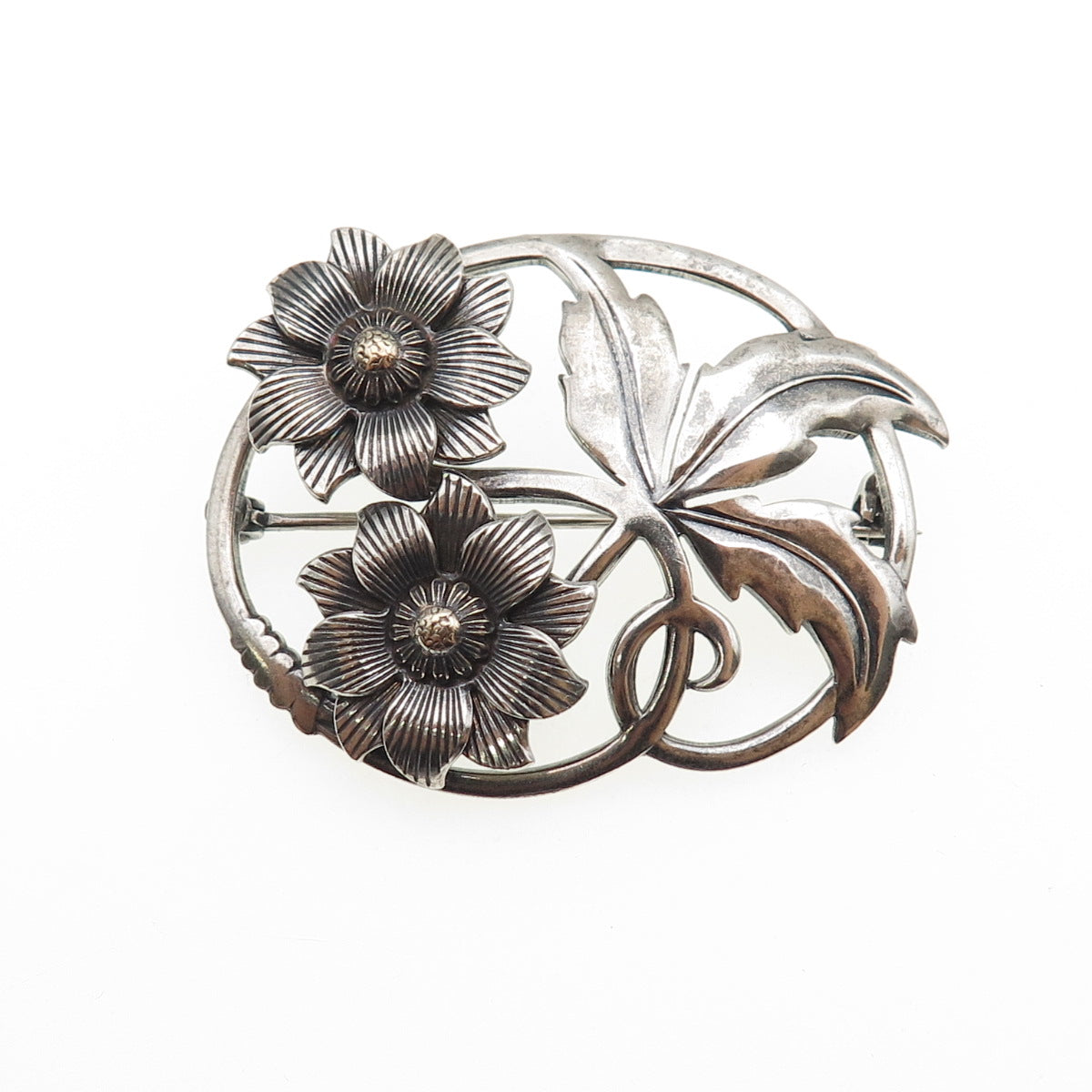 925 Sterling Silver Antique Art Deco Flower Oxidized Pin Brooch