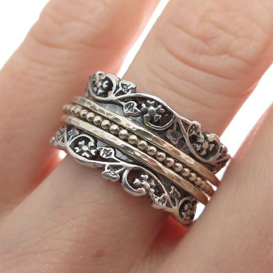 OR PAZ 925 Sterling 2-Tone Vintage Israel Floral Beaded Band Ring Size 7.75