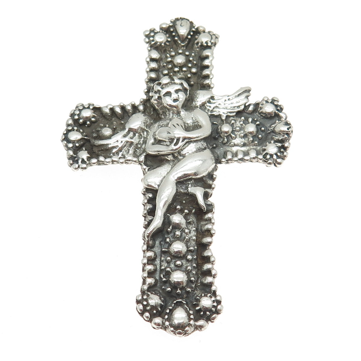 925 Sterling Silver Vintage Angel Heart Cross Pendant