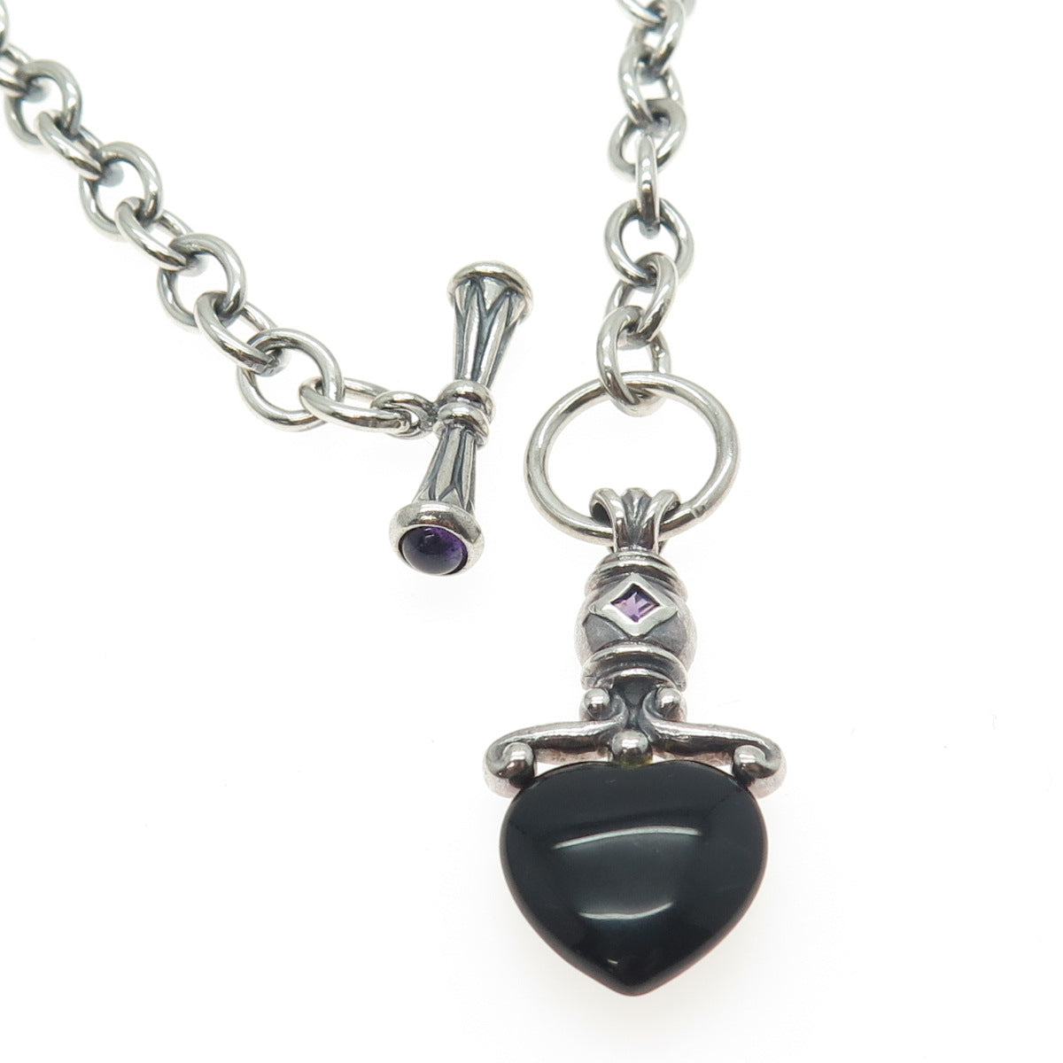 ROSS SIMONS 925 Sterling Silver Vintage Black Onyx & Amethyst Heart Necklace 16"