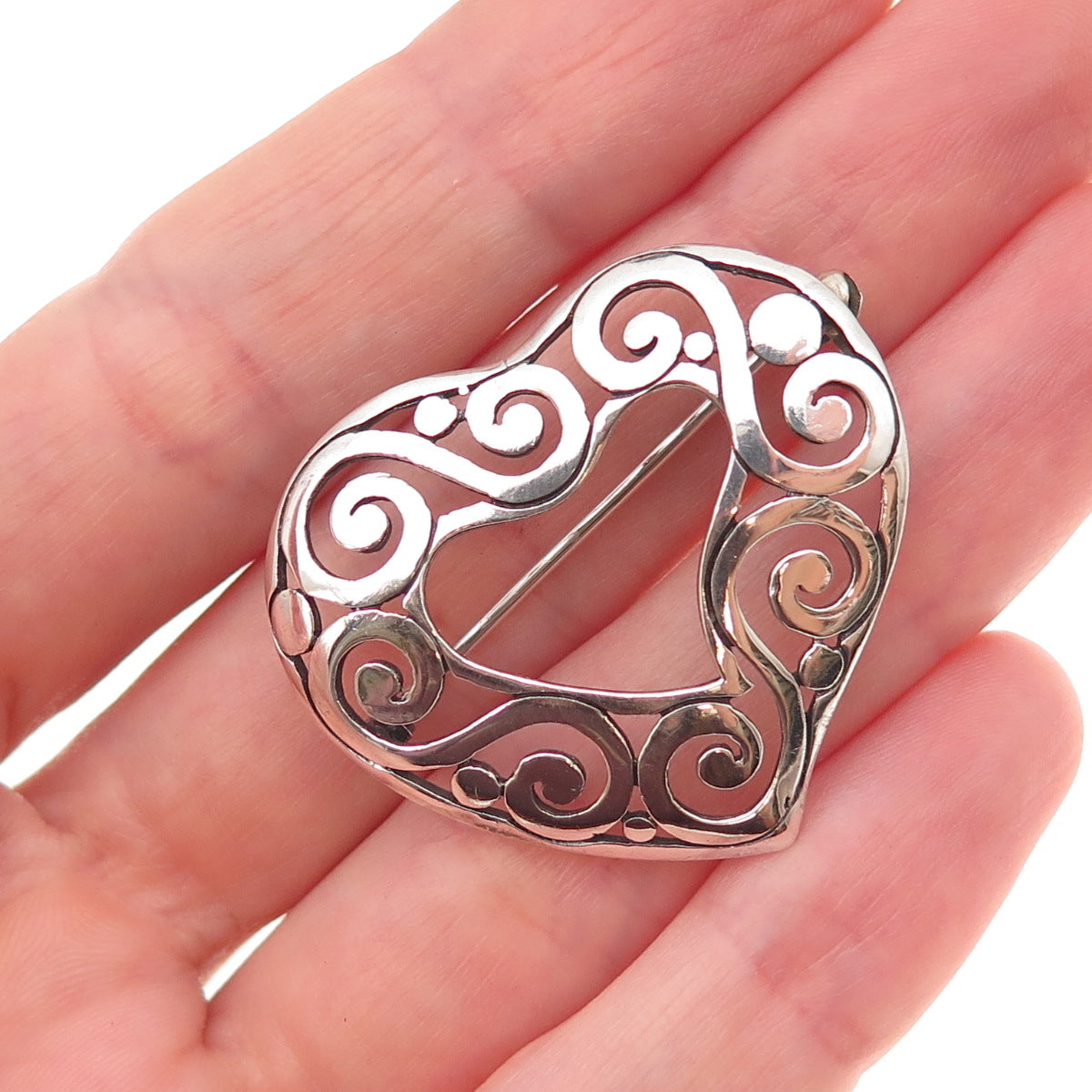925 Sterling Silver Vintage Spiral Heart Oxidized Pin Brooch
