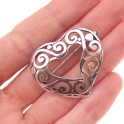 925 Sterling Silver Vintage Spiral Heart Oxidized Pin Brooch