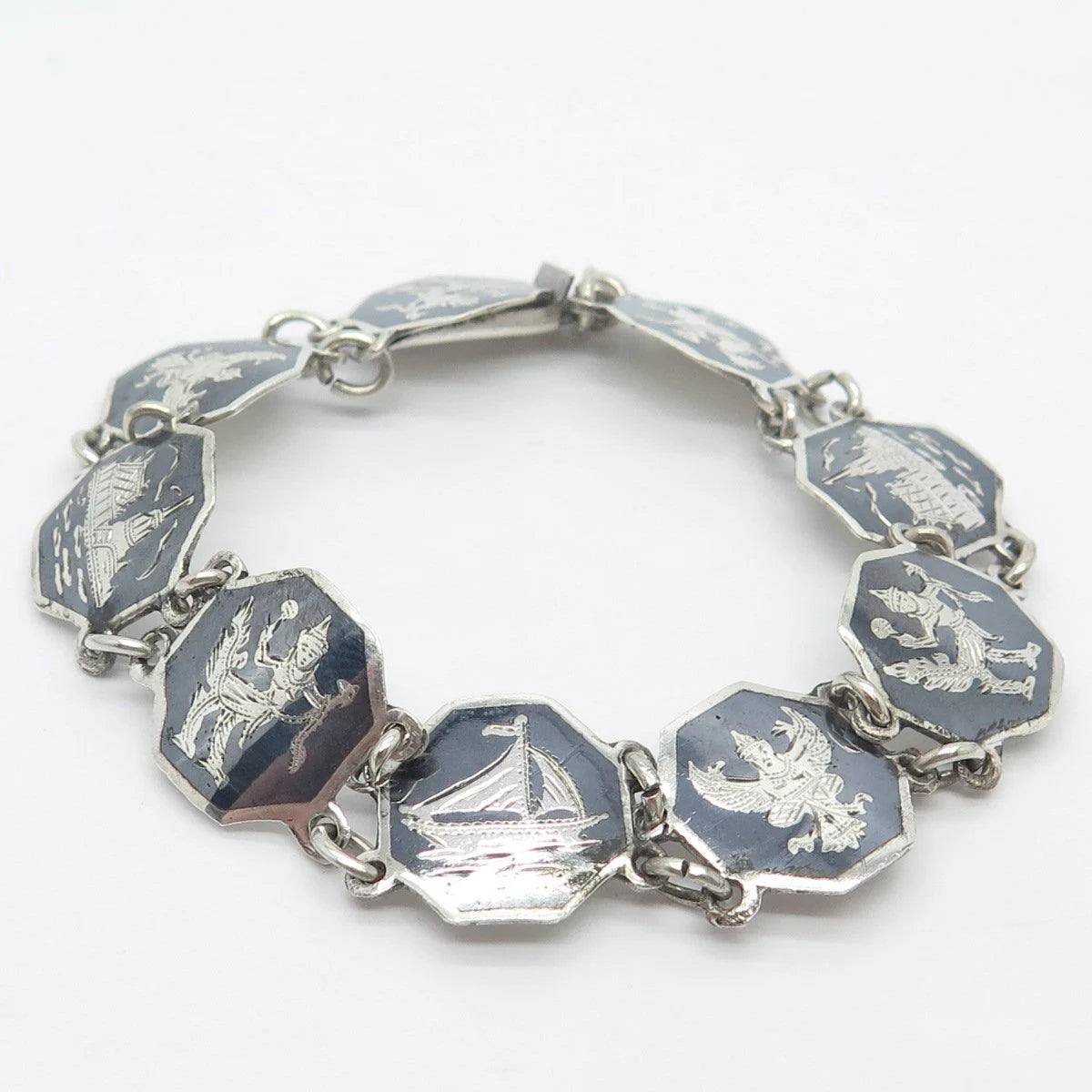 925 Sterling Silver Vintage Siam Niello Hindu Goddess Panel Link Bracelet 6.75"