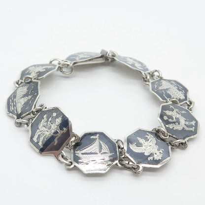 925 Sterling Silver Vintage Siam Niello Hindu Goddess Panel Link Bracelet 6.75"