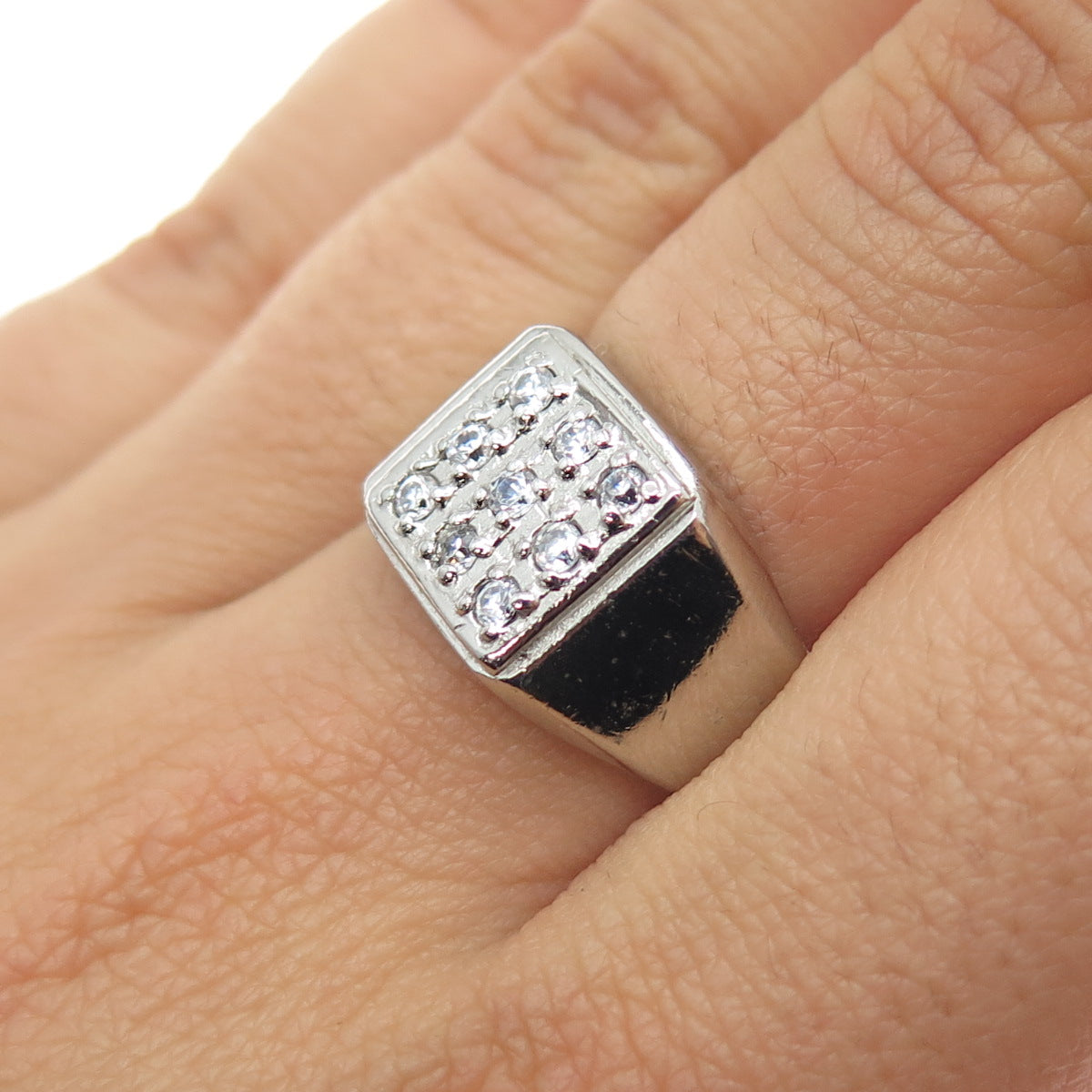 925 Sterling Silver Vintage Round-Cut C Z Signet Ring Size 8.75