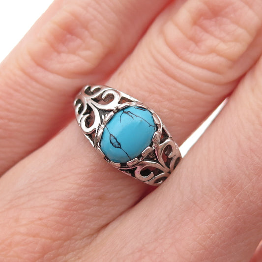 Seta 925 Sterling Silver Vintage Real Turquoise Ornate Oxidized Ring Size 5.25
