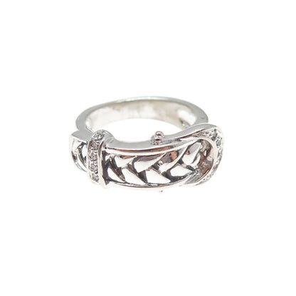925 Sterling Silver Round-Cut C Z Woven Belt Buckle Ring Size 6