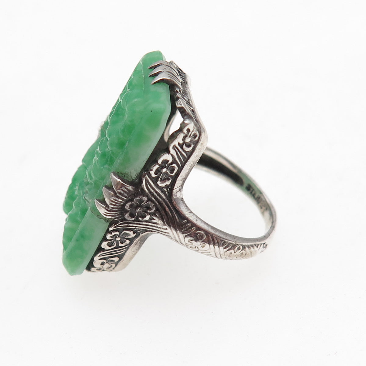 925 Sterling Silver Antique Art Deco Real Carved Jade Floral Ring Size 5