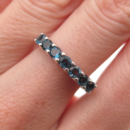 925 Sterling Silver Vintage Real Round-Cut London Blue Topaz Ring Size 7