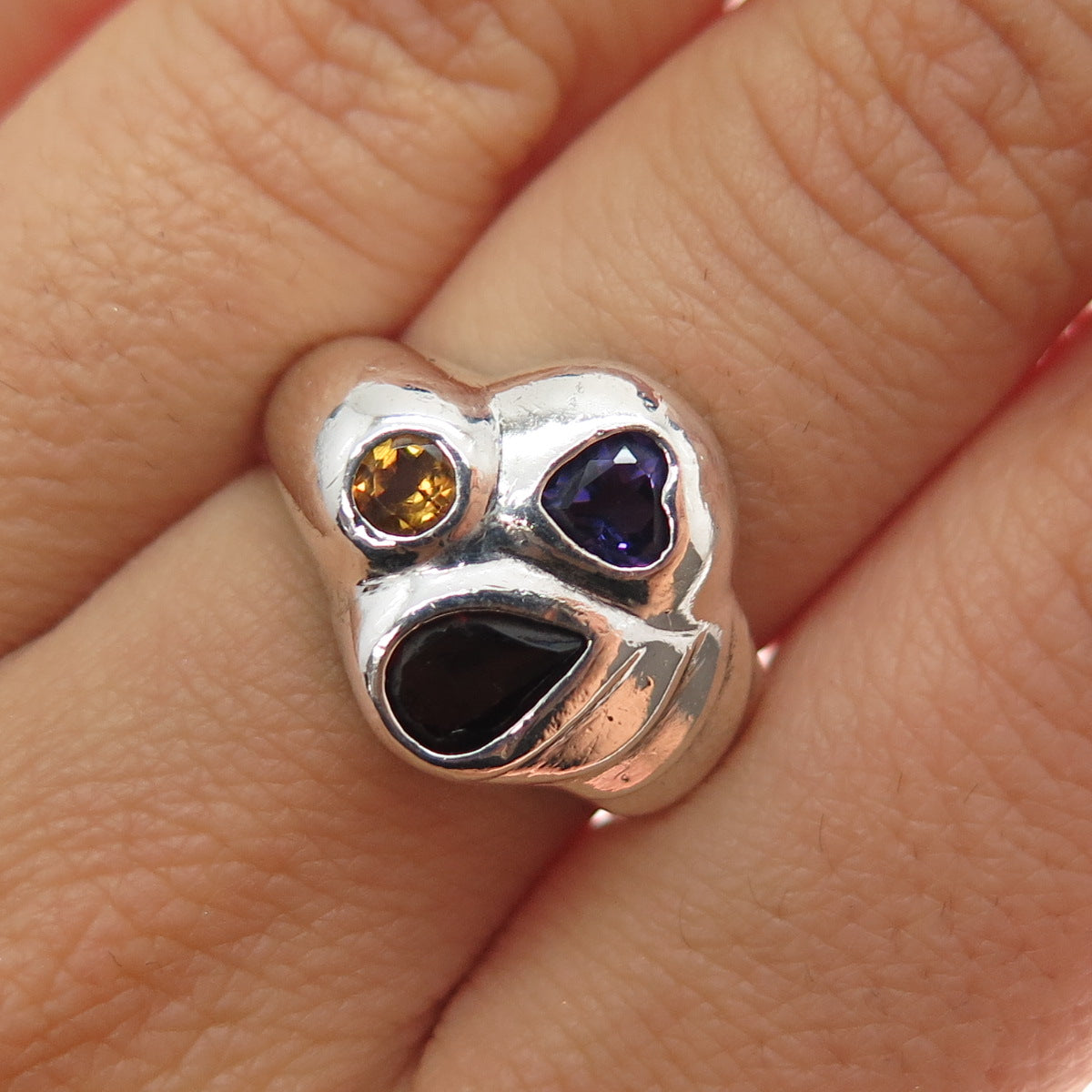 925 Sterling Silver Vintage Real Amethyst Citrine Red Garnet Heart Ring Size 6.5