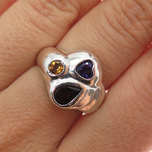 925 Sterling Silver Vintage Real Amethyst Citrine Red Garnet Heart Ring Size 6.5