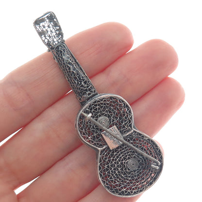 925 Sterling Silver Vintage Mexico Guitar Filigree Oxidized Pin Brooch