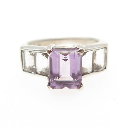 925 Sterling Silver Vintage Real Emerald-Cut Amethyst & White Topaz Ring Size 8