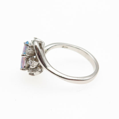 925 Sterling Silver Vintage Real Opal & C Z Cluster Ring Size 6.25