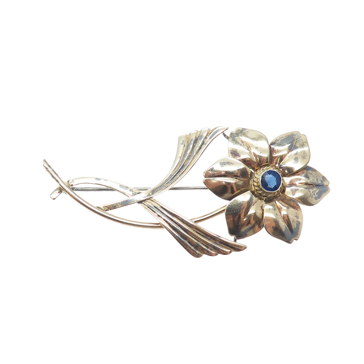 SYMMETALIC 14K Gold & 925 Sterling Silver Antique Rhinestone Flower Pin Brooch