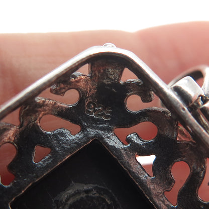 925 Sterling Silver Vintage Real Black Onyx Letter S Ornate Oxidized Pendant