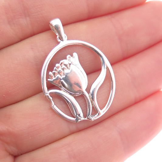 925 Sterling Silver Vintage WS Artisan Modernist Tulip Flower Pendant