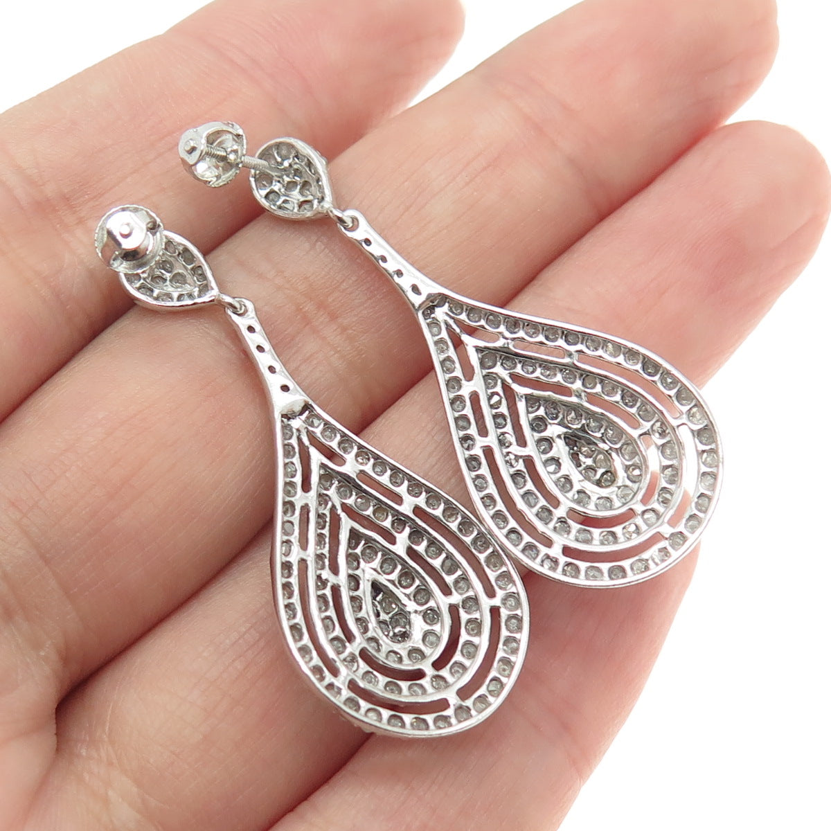 925 Sterling Silver Real Round-Cut Diamond Teardrop Dangling Earrings